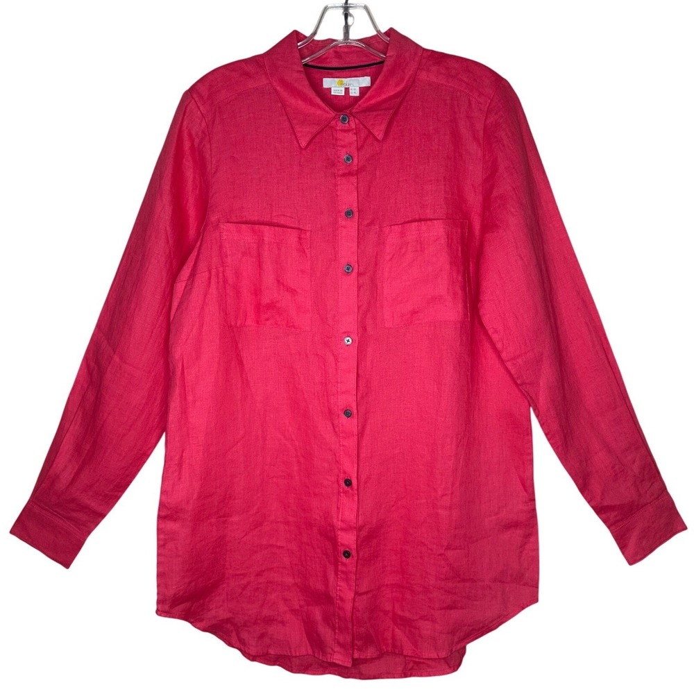 Boden Women's pink 100% Linen Long Sleeve‎ Button Down Shirt Size 4L boho beach